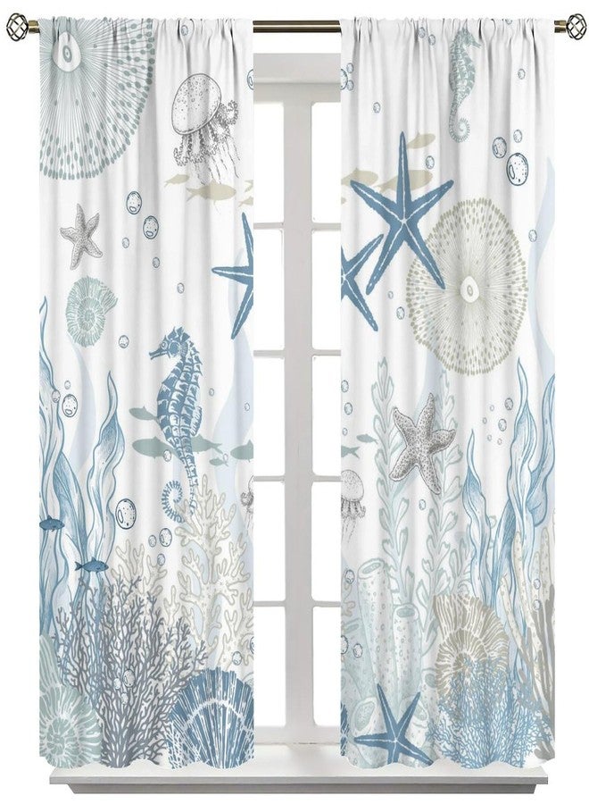 SENRUEGT Nautical Coastal Curtains,Nautical Beach Starfish Seashell Blue Curtains Summer Ocean Window Treatment Drapes for Living Room Bedroom 42x63in - Image 3